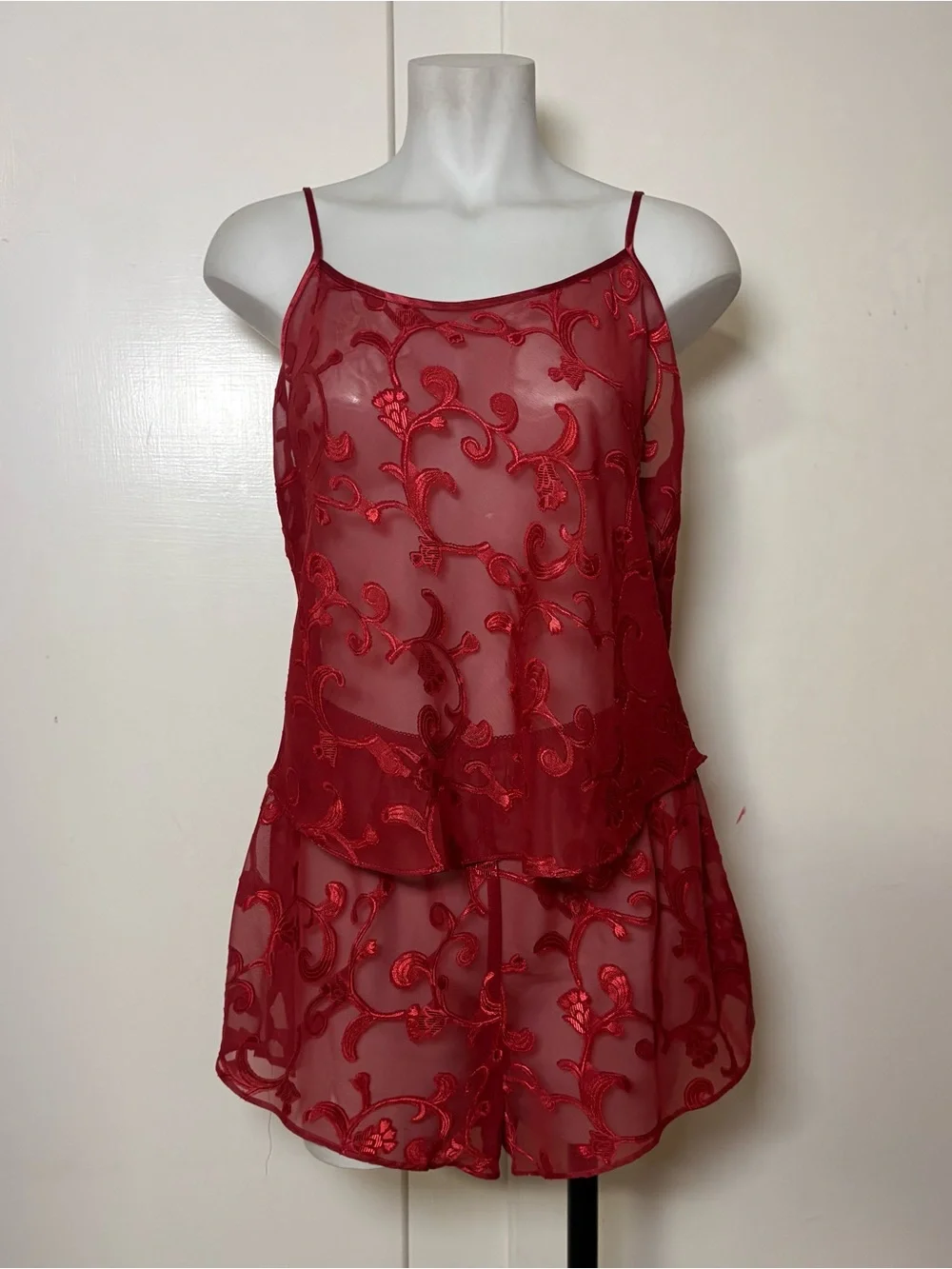 Vintage 90s Gilligan & O’Malley Red Sheer Pajama Lounge Set Tank and Shorts Set